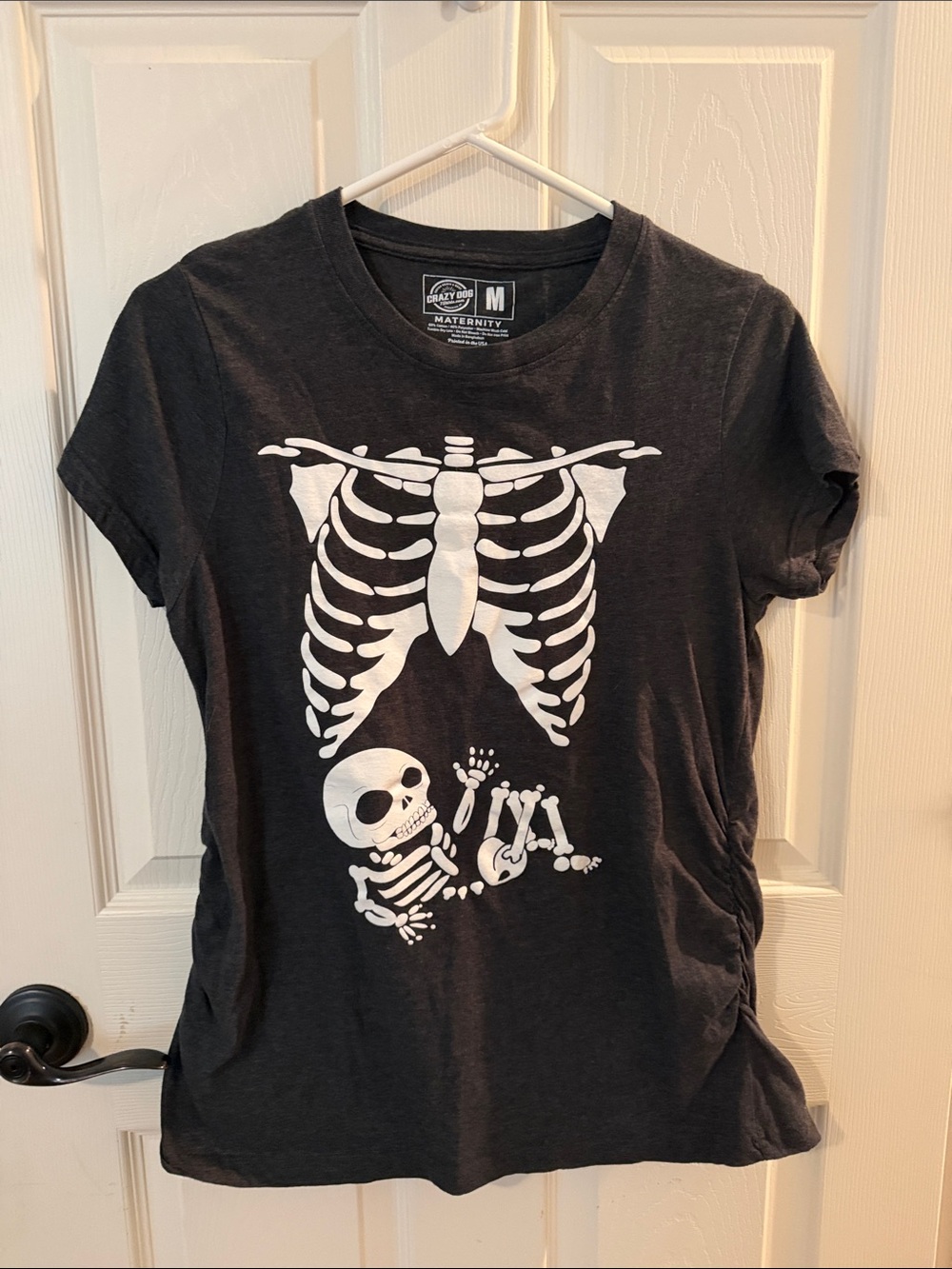 Crazy Dog T-Shirts Black Maternity Tee with White Skeleton & Baby Bones Graphic
